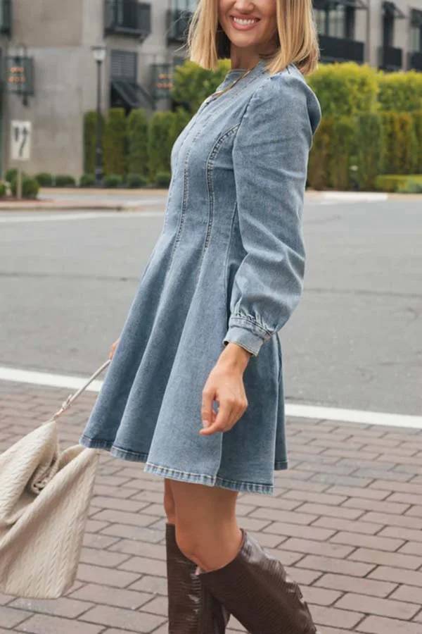 Skovae | Fade Into You Denim Prinsesse Linie Ryg lynlås Flare Stretch Mini Kjole