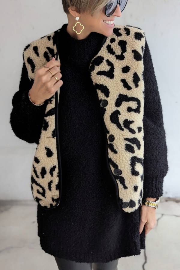 Stilla | Leopardmønster Frontåbning Casual Efterårs- og Vintervest Jakke