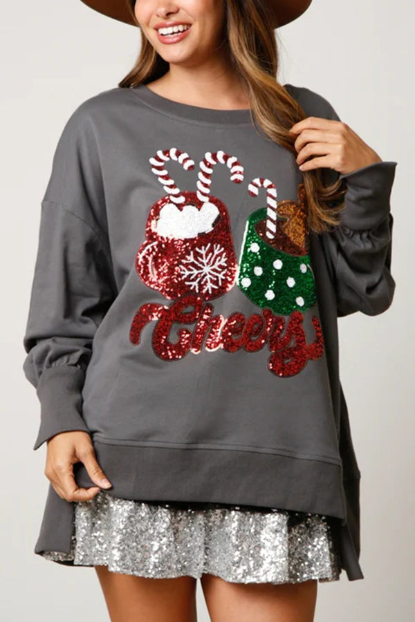 Stilla | Julegodter Tasse Pailletter Casual Løs Sweatshirt