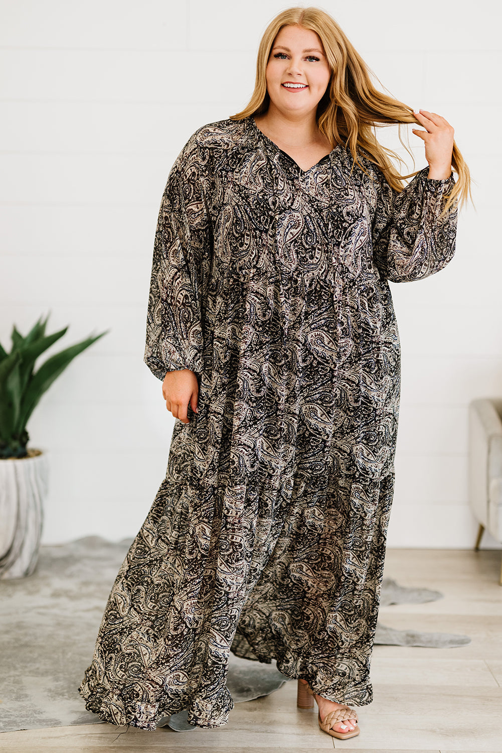 Stilla | Størrelse Paisley Print Ballonærme Maxi Kjole