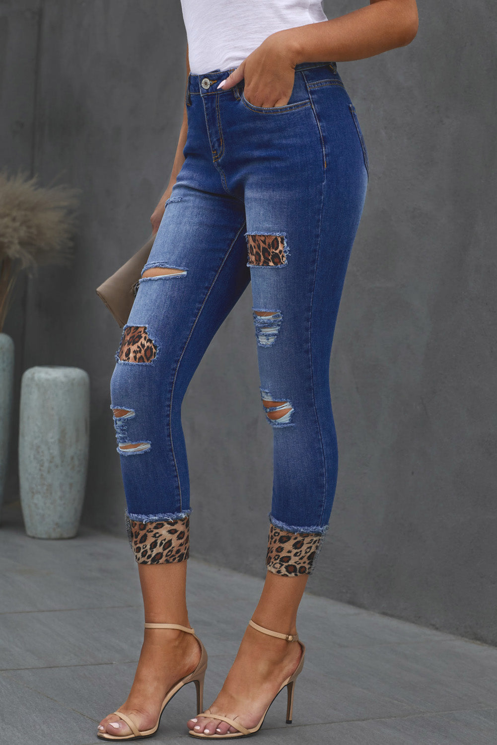 Stilla | Leopard Patch Distressed Cropped Jeans