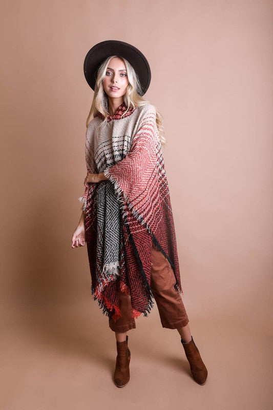 Stilla | Tweed Hættetrøje Franset Kant Poncho