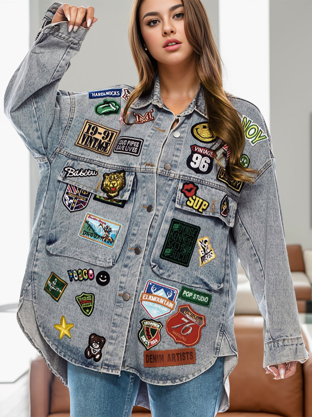 Stilla | Patch Knap-op Langærmet Denim Jakke