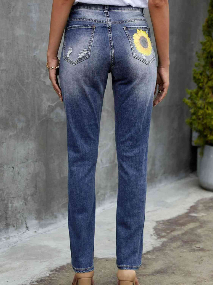 Stilla | Patchwork Solsikke Print Slidt Høj Talje Jeans