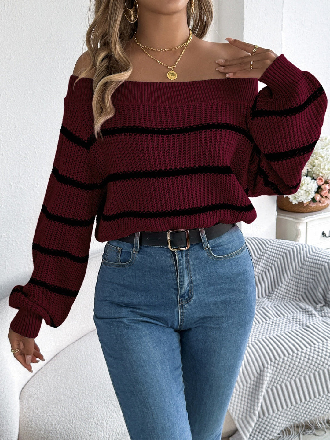 Stilla | Stribet Pullover med Lange Ærmer og Udsatte Skuldre