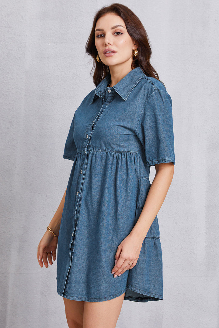 Stilla | Opkravet Hals Lagdelt Denim Kjole