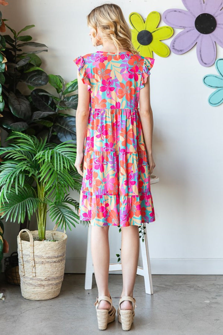 Stilla | Full Size Floral Cap Sleeve Tiered Dress