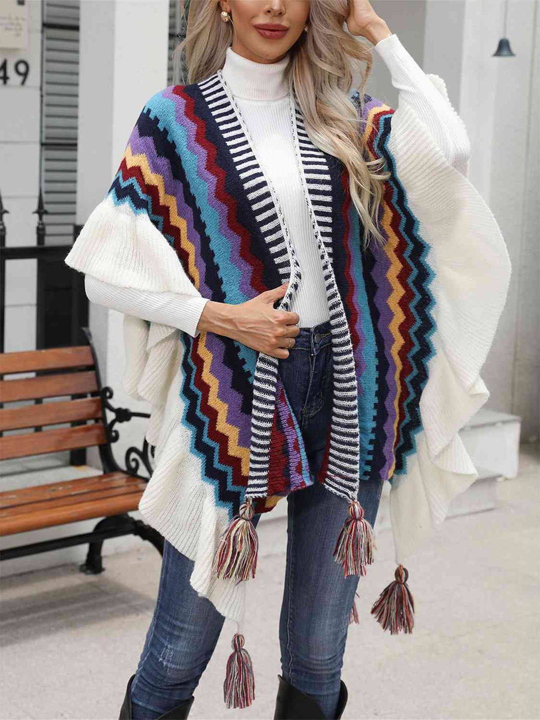 Stilla | Åben Front Poncho Med Frynser