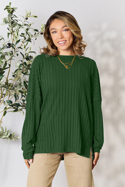 Stilla | Bae Full Size Ribbet Rund Hals Slids Strik Top