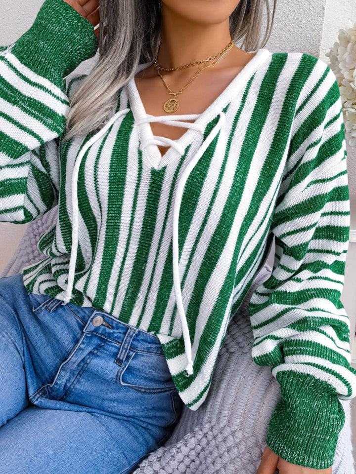 Stilla | Stribet Pullover Med Lange Ærmer og Snøring