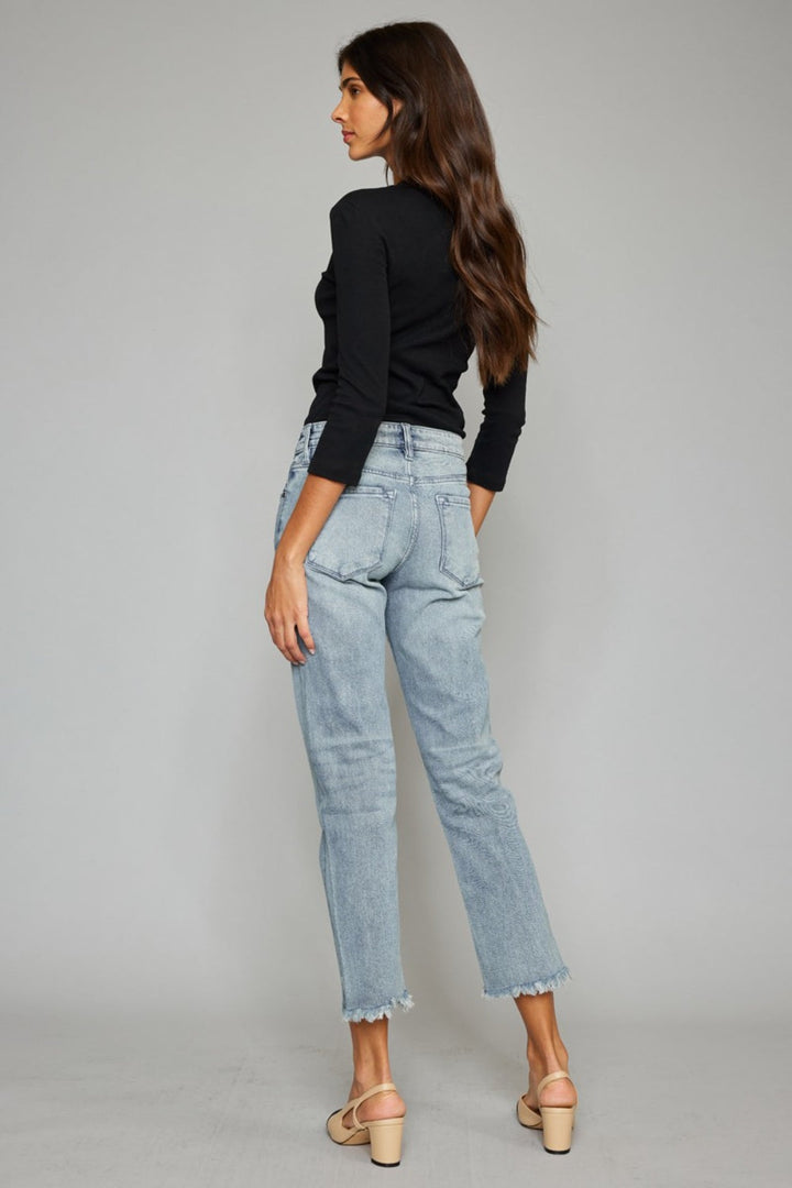 Stilla | Høj Talje Knap Lukning Rå Kant Cropped Straight Jeans
