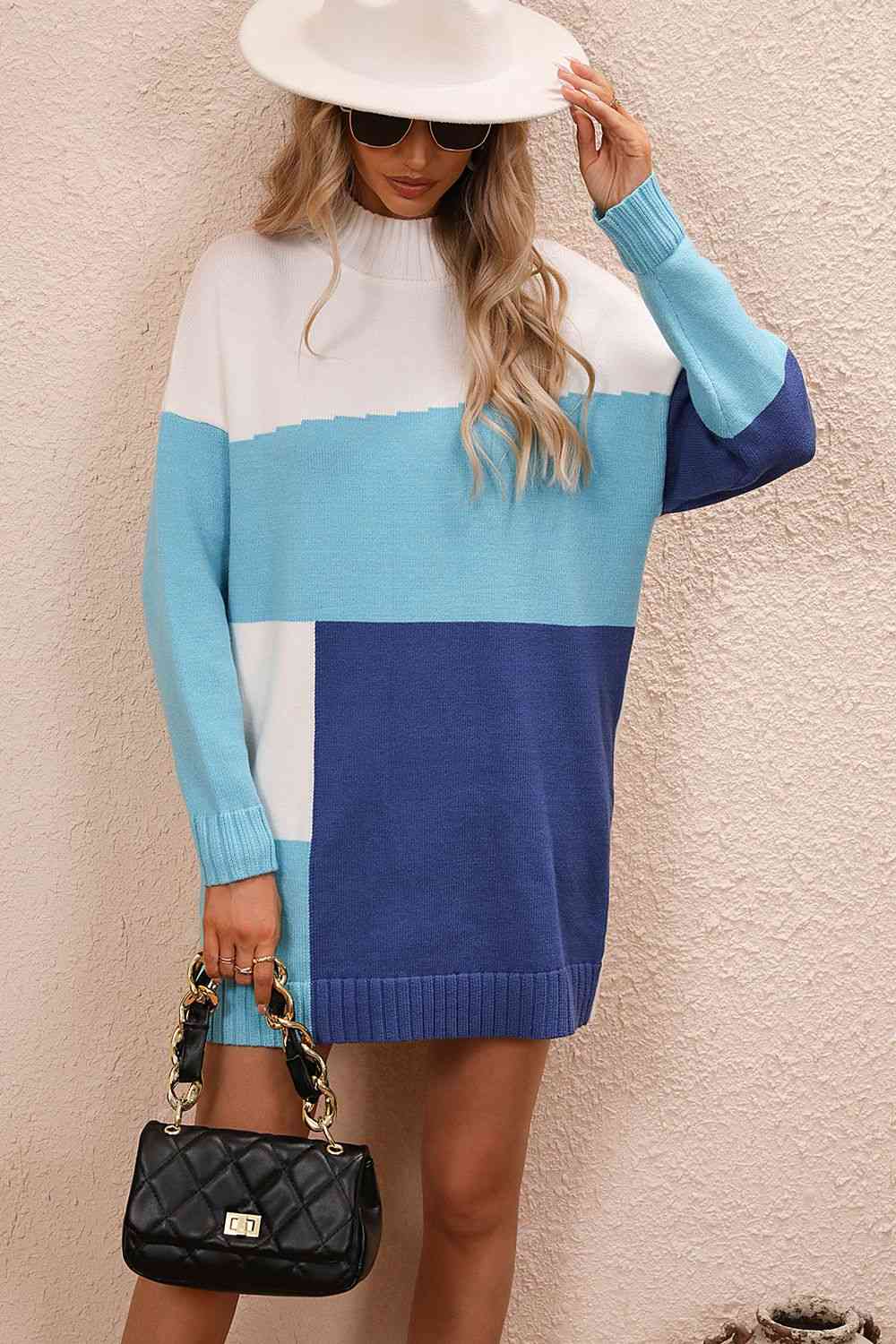 Stilla | Block Mock Neck Drop Shoulder Sweater Dress