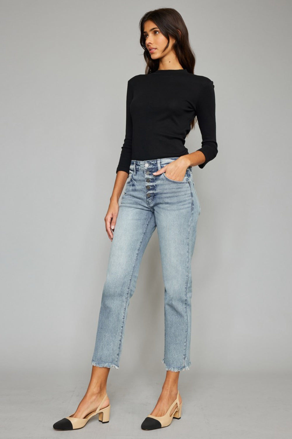 Stilla | Høj Talje Knap Lukning Rå Kant Cropped Straight Jeans