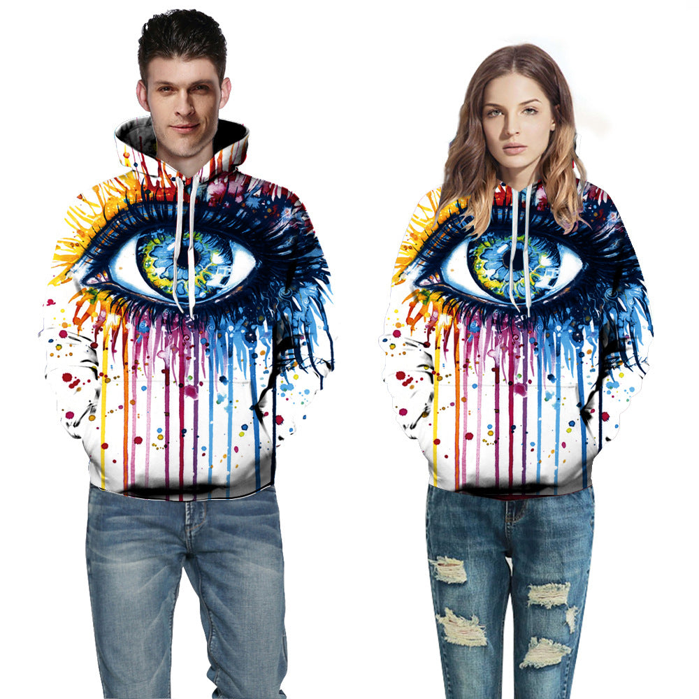 Dame hættepullover med kreativt kunstøjne-motiv og unik farveovergang Stilla