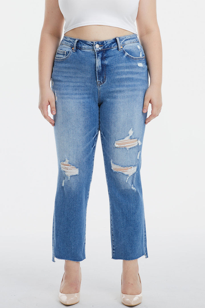 Stilla | Full Size Mid Waist Distressed Ripped Straight Jeans