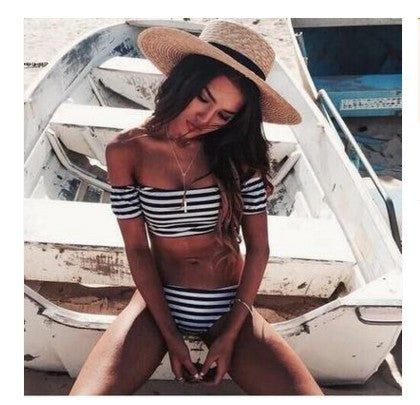 Dame Off-Shoulder Bikini-Sæt med maritimt stribemønster Skovae