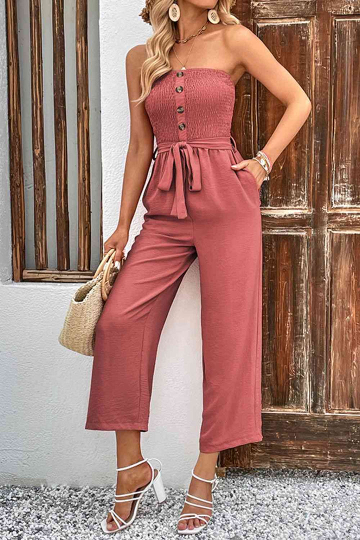 Stilla | Knapstropløse Smocked Jumpsuit Med Lommer
