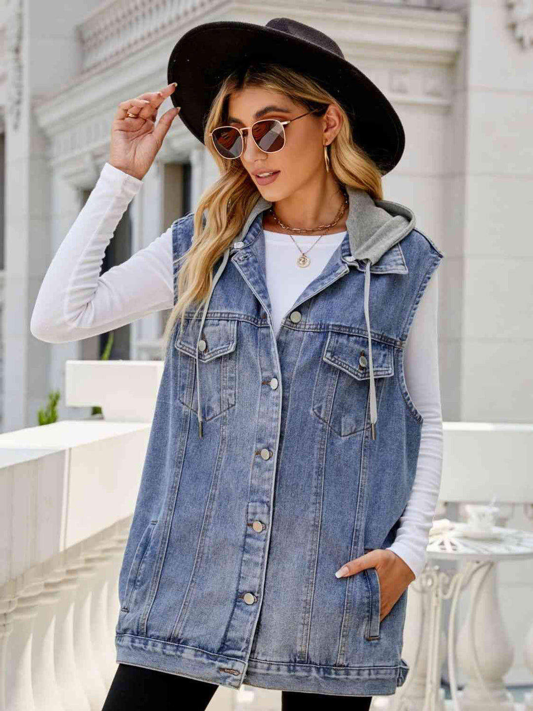 Stilla | Hættetrøje Uden Ærmer Denim Med Lommer