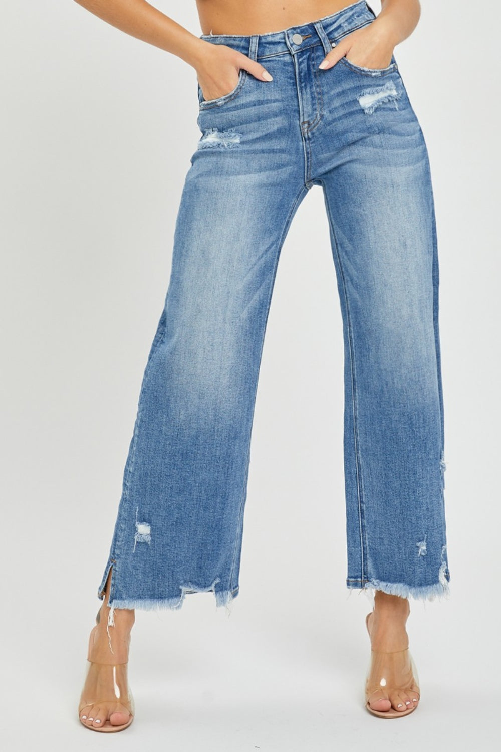 Stilla | Høj Talje Side Slids Ru Uden Kant Kort Jeans