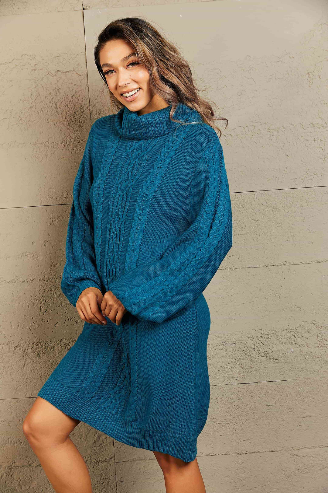 Stilla | Højre Mixed Strik Turtleneck Lantern Ærme Sweater Kjole