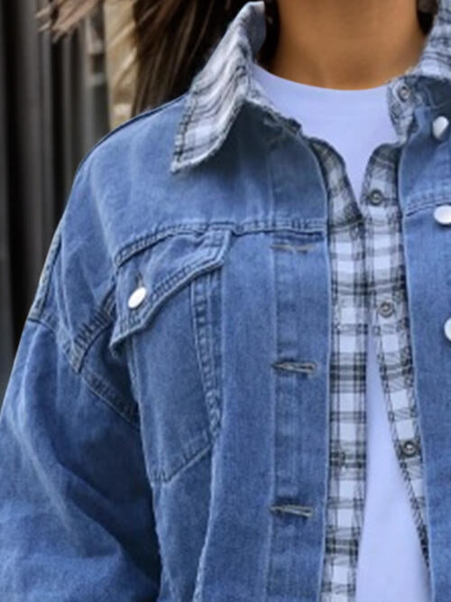 Stilla | Størrelse Plaid Krave Hals Raw Hem Denim Jakke