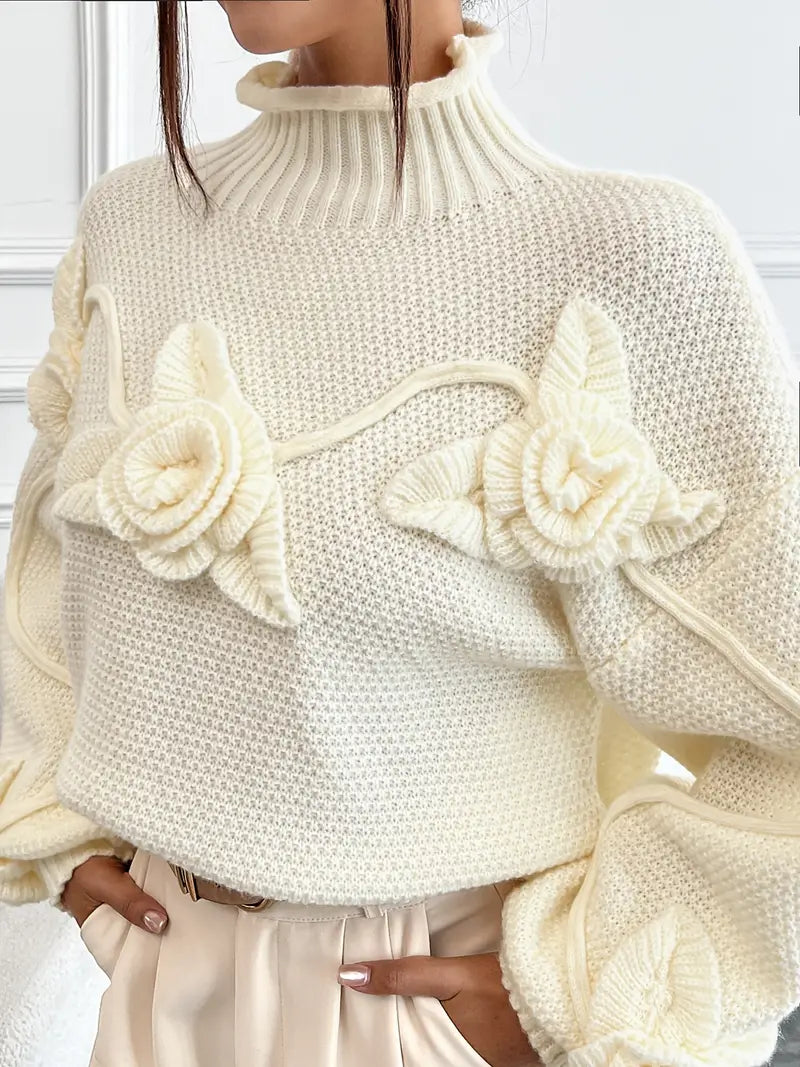 Stilla | Rullekrave strikbluse med blomster