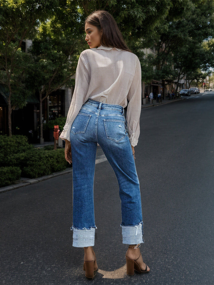 Stilla | Talje Raw Hem Rullede Lige Jeans