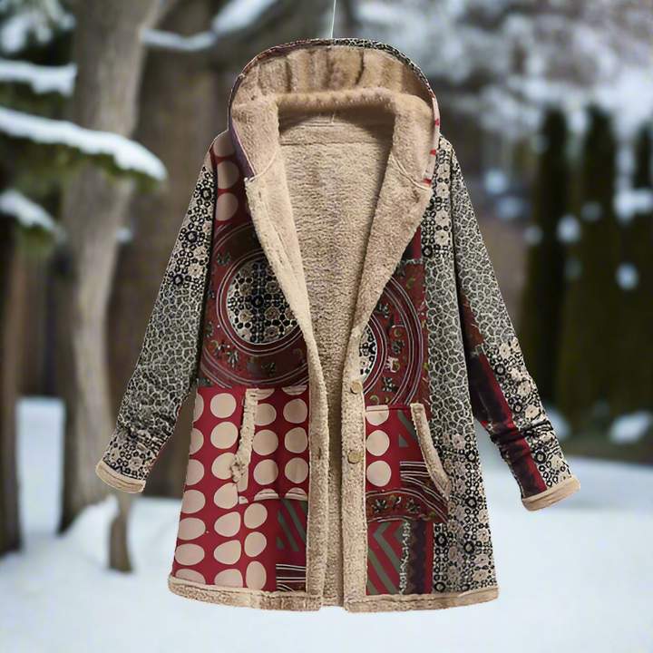 Stilla | Lang Patchwork-frakke Fleece-foret Hætte & Knaplukning Casual look