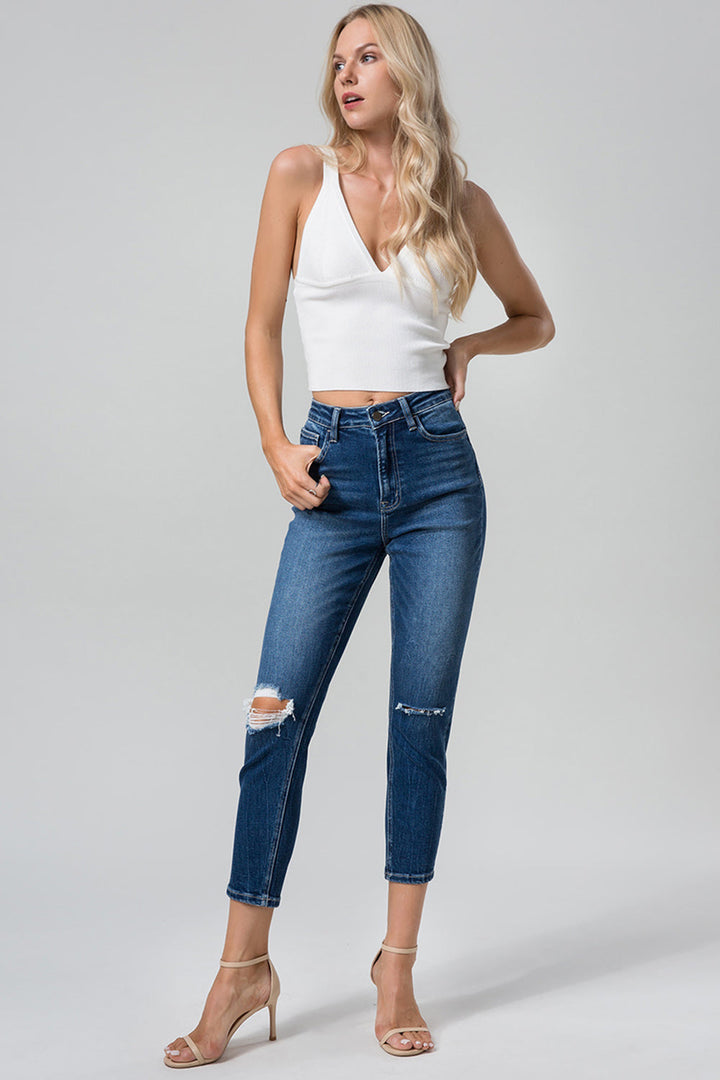 Stilla | Full Size Høj Talje Distressed Vasket Cropped Mom Jeans