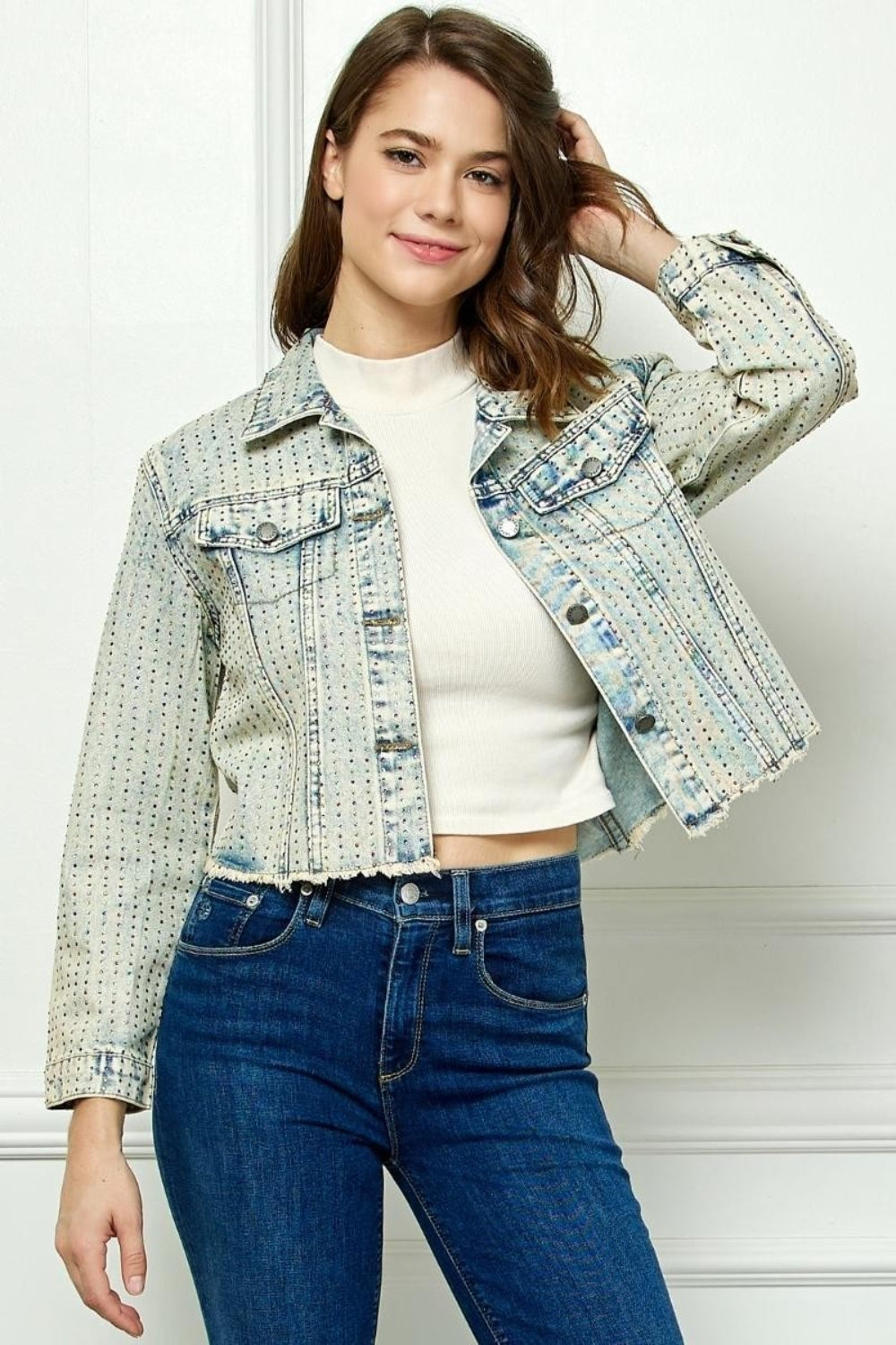 Stilla | Multi Color Stripe Rhinestone Raw Hem Denim Jacket