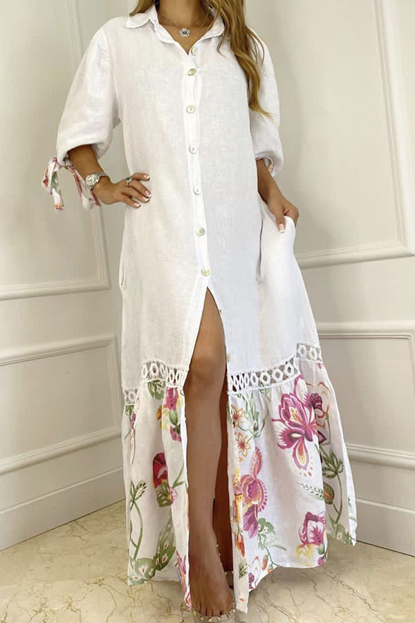 Stilla | Dorris Lace Bandage Blomsterprint Skjorte Maxi Kjole
