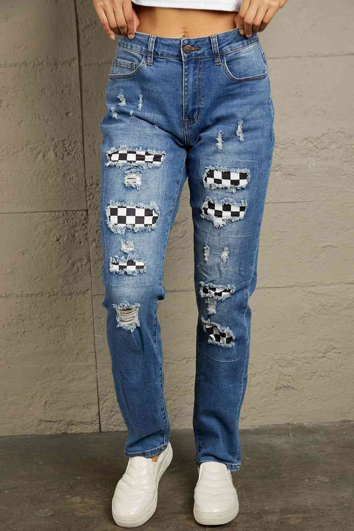 Stilla | Ternede Patches Mid Talje Distressed Jeans