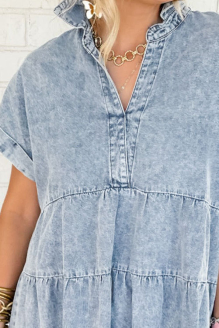 Stilla | Hem Notched Kortærmet Denim Kjole