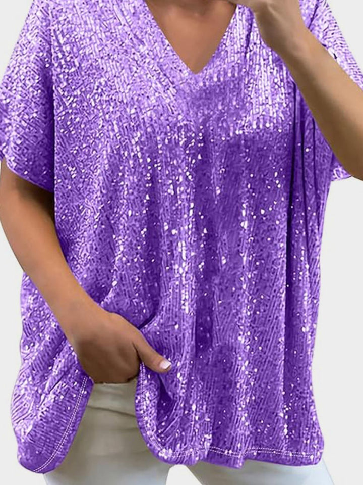 Stilla | Plus Size Paillet V-Hals Kortærmet Top