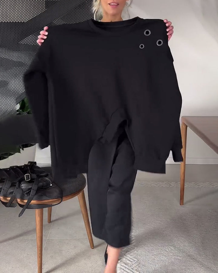 Stilla | Sweatshirt med rund halsudskæring og slids i ensfarvet