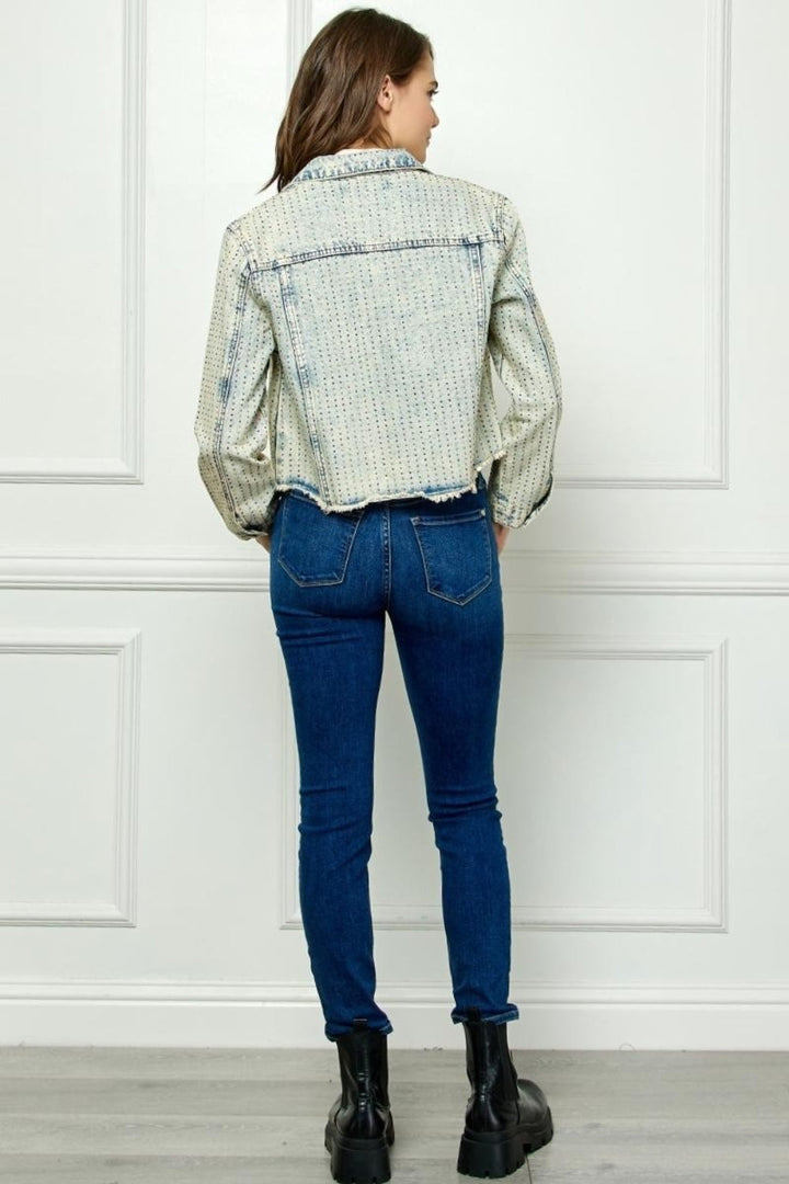 Stilla | Multi Color Stripe Rhinestone Raw Hem Denim Jacket
