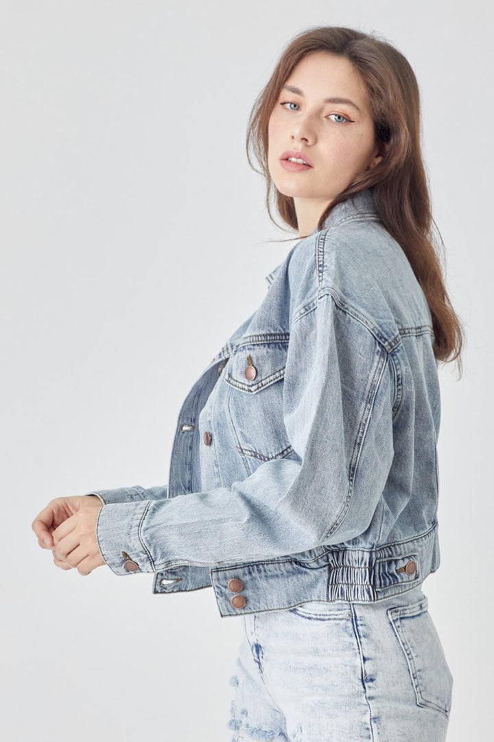 Stilla | Full Size Knap-Ned Cropped Denim Jakke