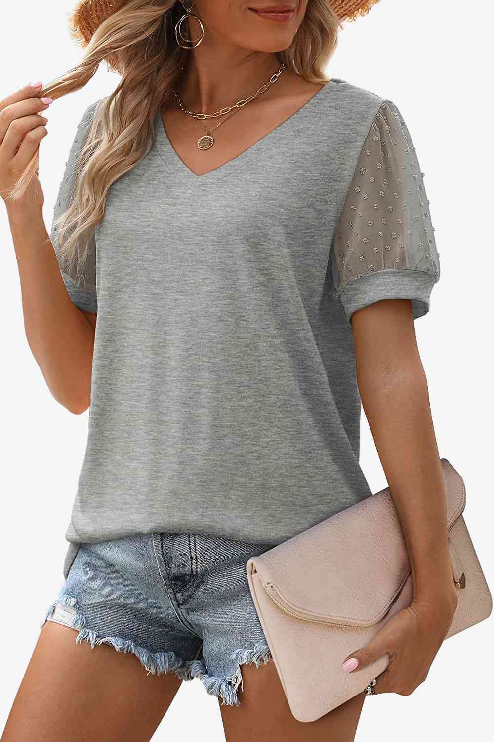 Stilla | Dot Puff Sleeve V-hals Tee