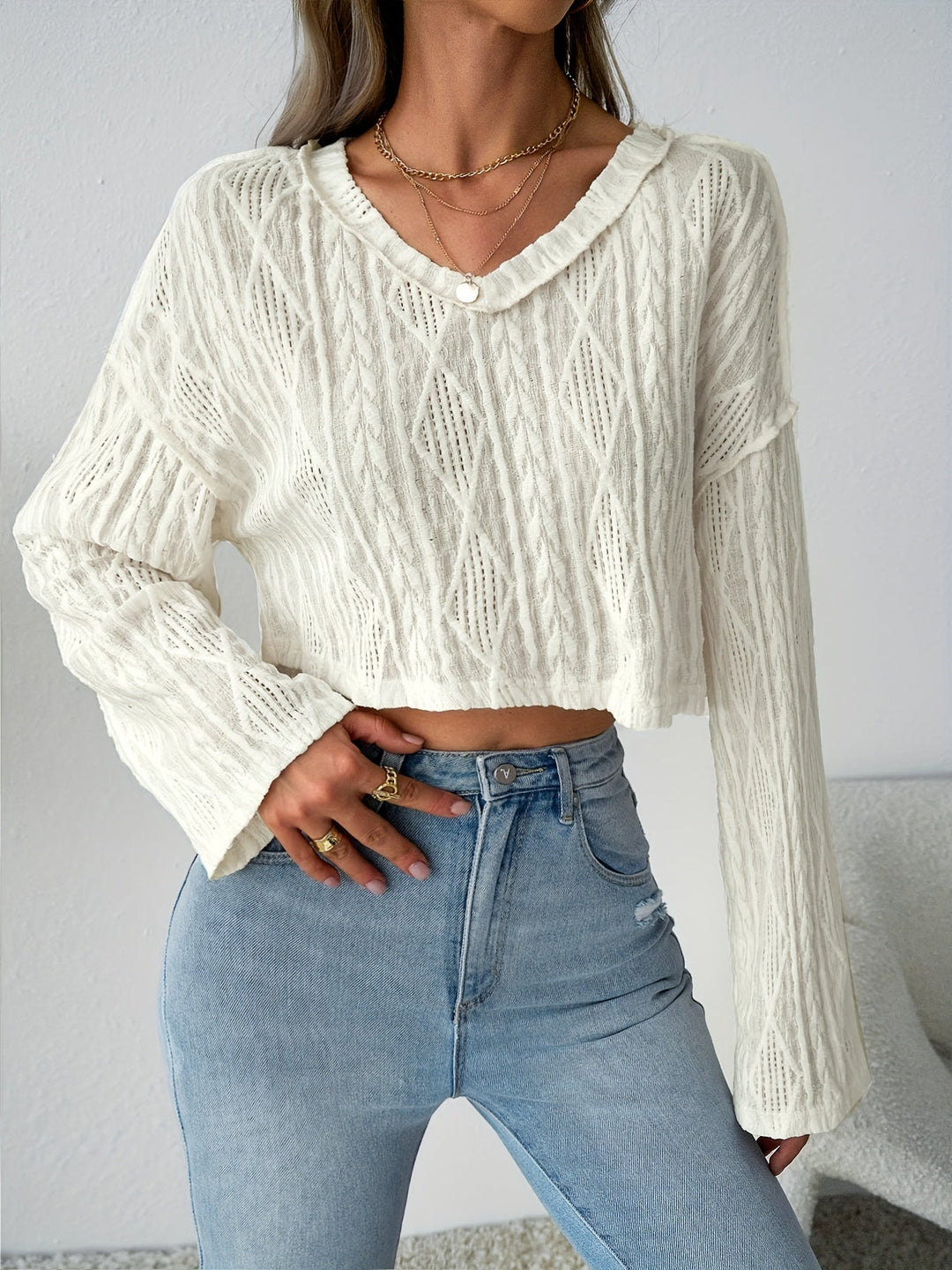 Stilla | Hvid Struktureret V-hals t-shirt