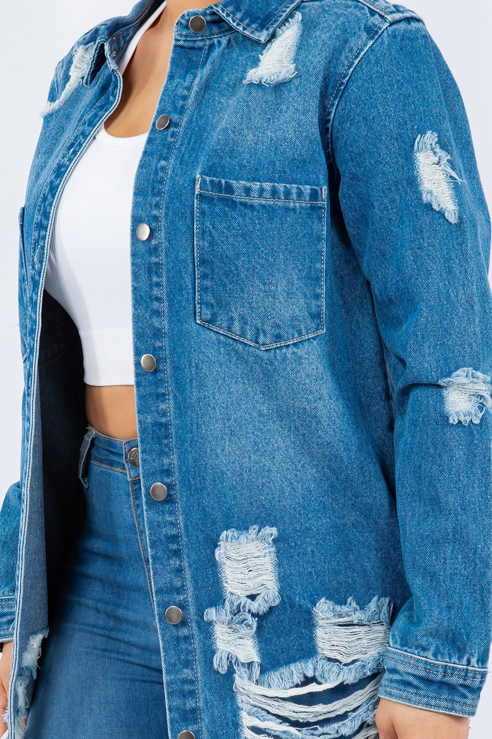 Stilla | Bazi Distressed Knappet Langærmet Denimjakke