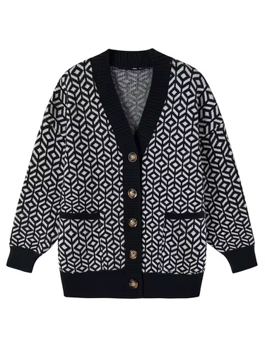 Stilla | Cozy Strikket Cardigan med Geometrisk Mønster og Knapliste
