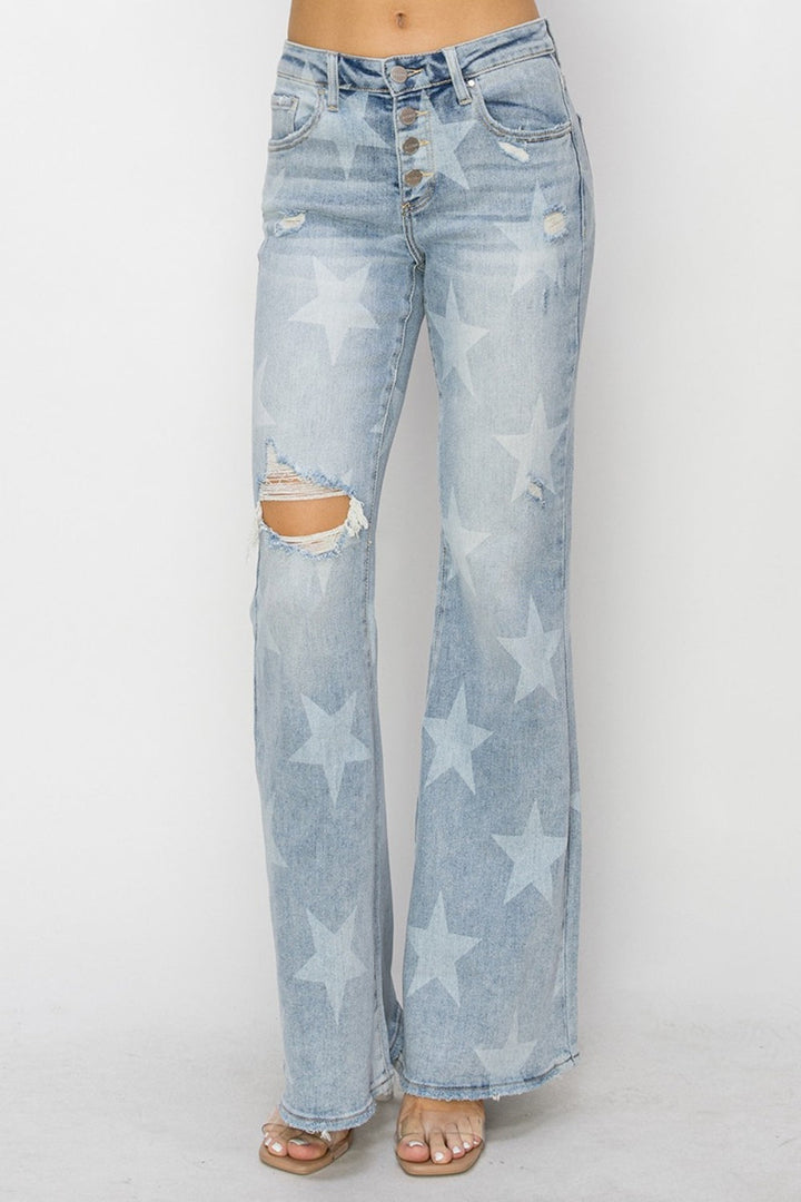 Stilla | Medium Høj Knap Lukning Start Print Flare Jeans