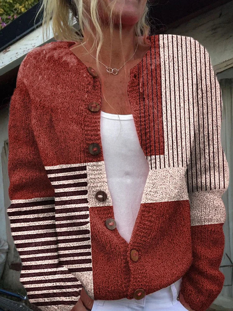 Stilla | Minimalistisk Pullover Strikjakke Med Abstrakt Linjemønster og Bånd
