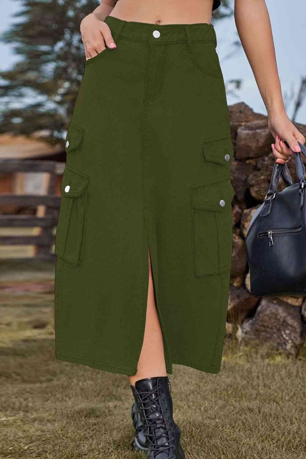 Stilla | Front Midi Denim Skirt Med Lommer