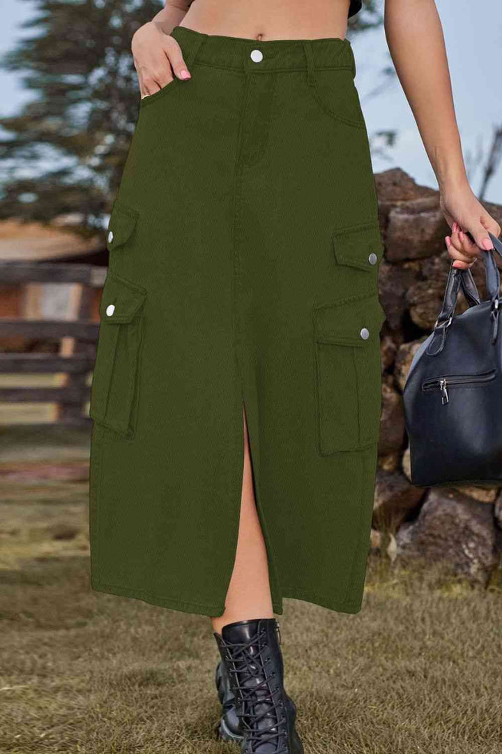 Stilla | Front Midi Denim Skirt Med Lommer