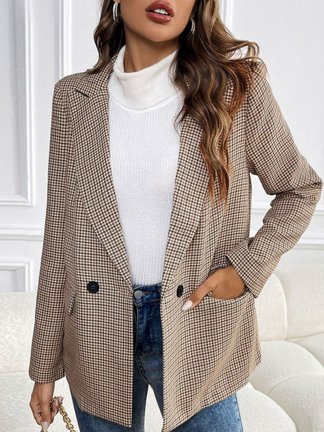 Stilla | Perfee Blazer med Lange Ærmer og Tjekket Krave