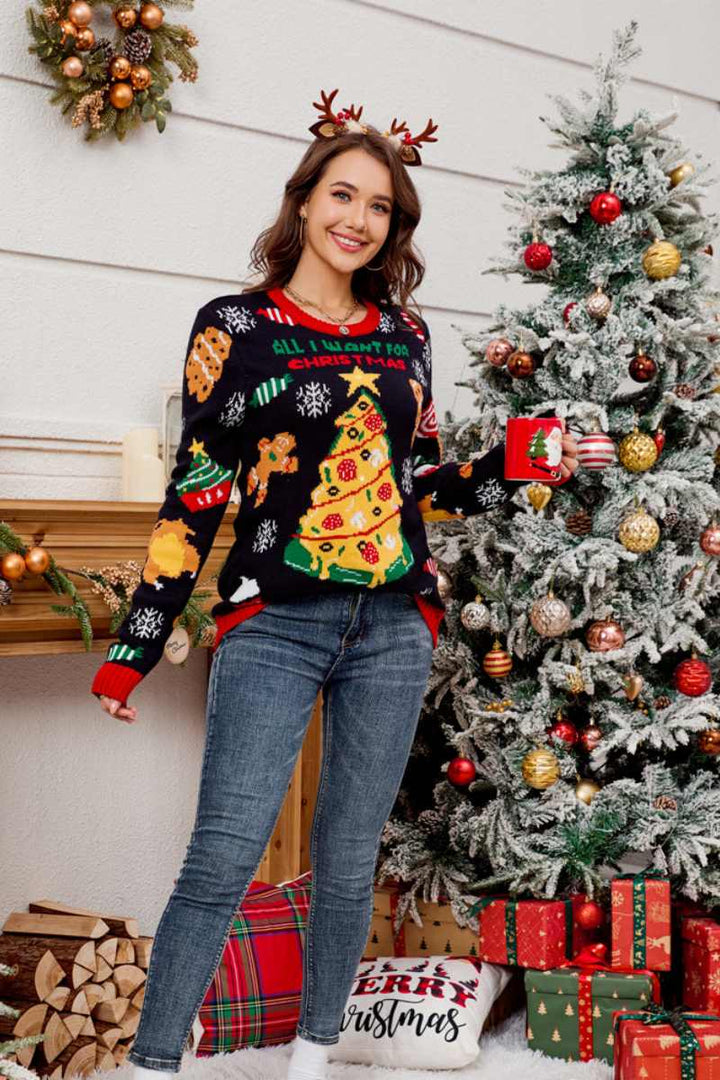 Stilla | Løs Rundhals Pullover med broderet Juletræ