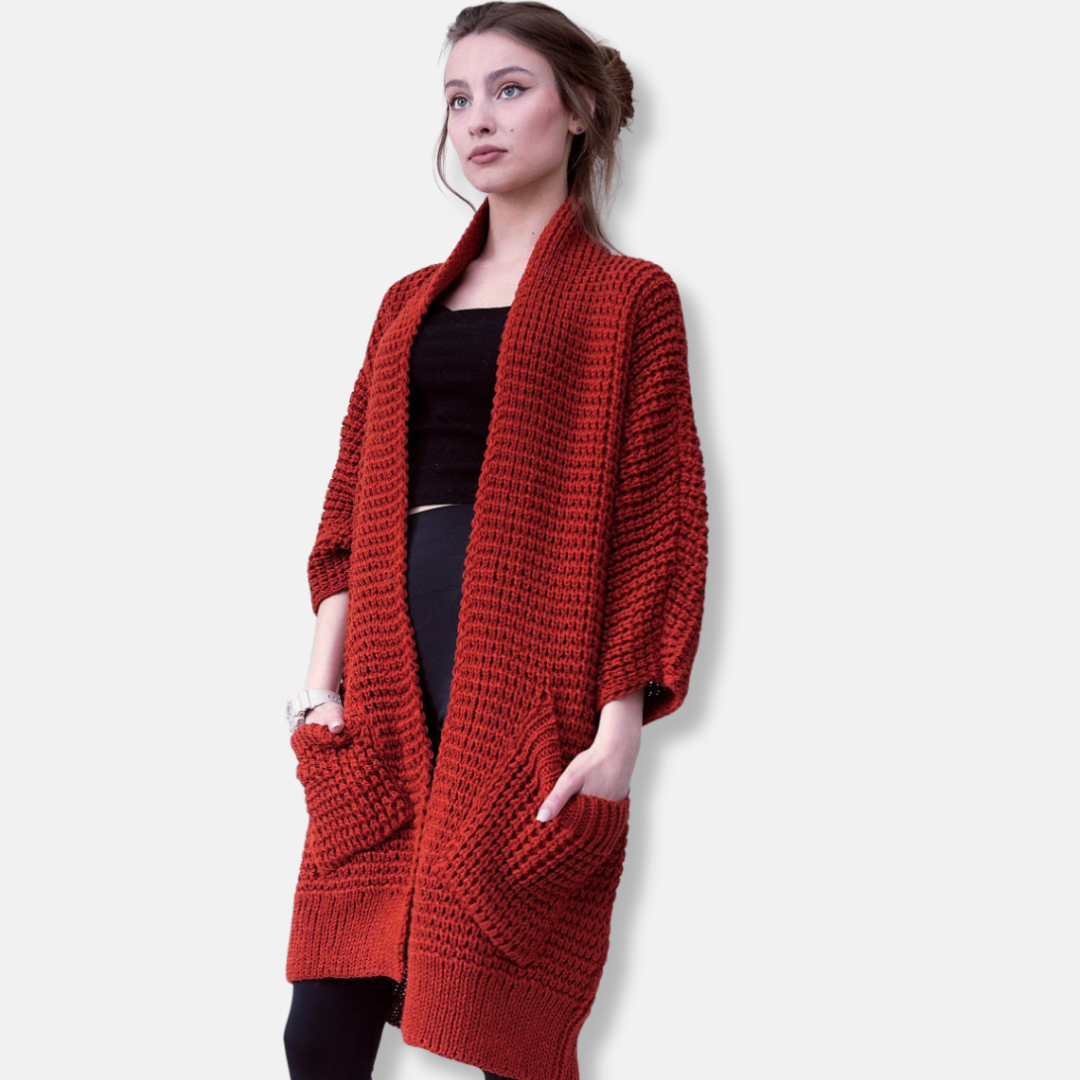 Stilla | Frakke i Strik Oversized Fit Åben Front Mønster Lommer Ribbet Kanter