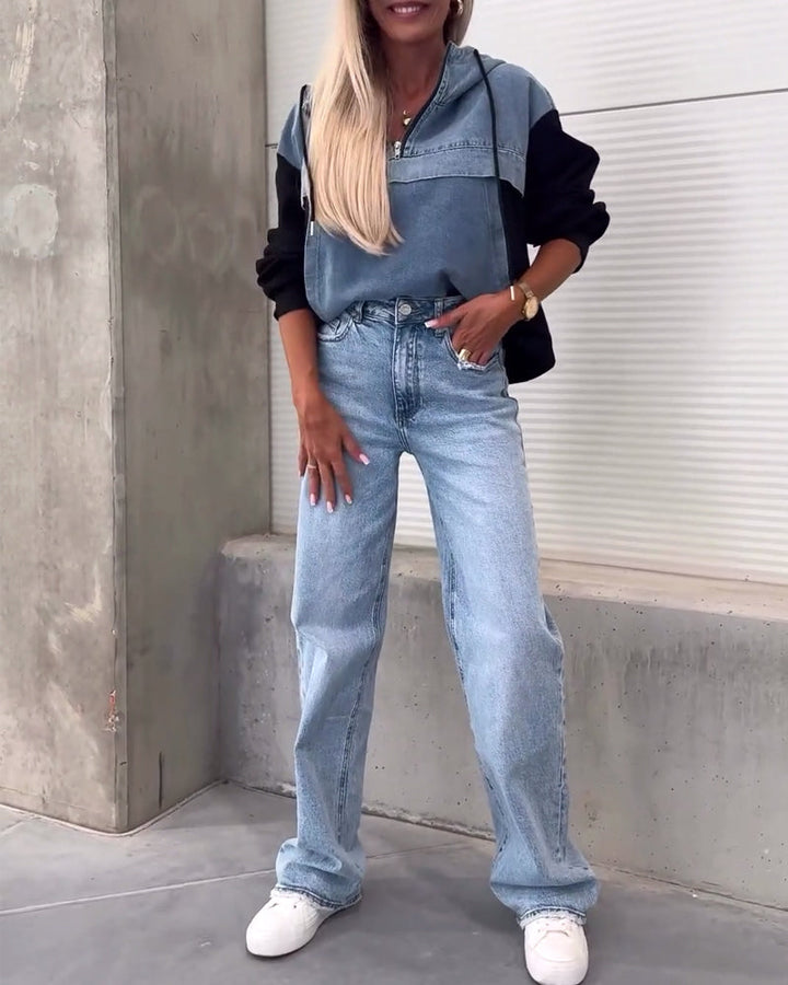Stilla | Hætte trøje med lynlås og patchwork mønster i denim