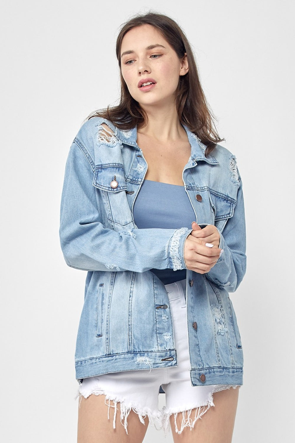 Stilla | Full Size Distressed Langærmet Denim Jakke